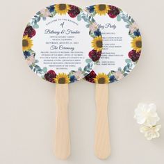 wedding fan with sunflowers and flowers on it