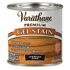 a can of varathape gel stain with wood grain in the bottom corner