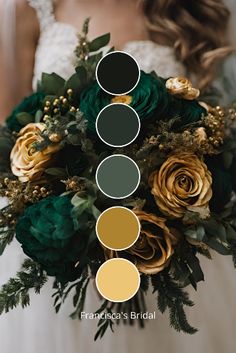 a bridal bouquet with roses and greenery in shades of green, yellow and brown