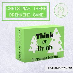 a green box with white christmas trees on it and the words think or drink next to it