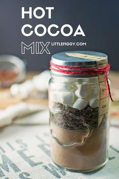 hot cocoa mix in a mason jar with text overlay