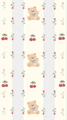 a wallpaper with a teddy bear and cherries on the bottom, along with stripes