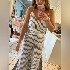 Black And White Striped Jumpsuit, Size Medium Striped Jumpsuits And Rompers For Summer Workwear, Striped Fitted Jumpsuits And Rompers For Day Out, Black And White Jumpsuit, Black White Jumpsuit, White Jumpsuit, Striped Jumpsuit, Black Jumpsuit, Pant Jumpsuit, Jumpsuit Romper