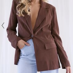 Size Xs Brand New With Tags. Never Worn. Long Sleeves With Padded Shoulders Brown Body Suit To Match Is In A Seperate Listing! Single Breasted Tailored Outerwear For Day Out, Tailored Single Breasted Outerwear For Day Out, Tailored Single-breasted Outerwear For Day Out, Spring Brown Blazer With Hidden Button Closure, Casual Brown Blazer With Hidden Button Closure, Chic Brown Blazer With Pockets, Classic Long Sleeve Blazer For Day Out, Casual Notched Blazer For Spring, Trendy Long Sleeve Blazer For Brunch