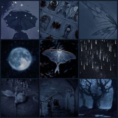 a collage of images with the moon and trees in it, rain falling down on them