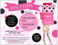 a pink friday flyer with a woman holding a large stack of presents in her hand