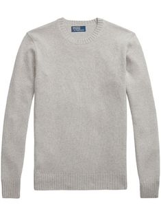 grey cotton knitted construction fine knit crew neck long sleeves ribbed cuffs and hem Classic Gray Cashmere Tops, Classic Gray Sweater For Layering, Classic Crew Knit Sweater, Gray Cashmere Sweater With Ribbed Collar, Classic Long Sleeve Sweater With Ribbed Neckline, Classic Crew Neck Polo Sweater With Ribbed Cuffs, Classic Polo Sweater With Crew Neck And Ribbed Cuffs, Cashmere Crew Neck Polo Sweater With Ribbed Cuffs, Classic Crew Neck Sweater With Ribbed Neckline