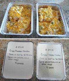 two pans filled with food sitting on top of a counter next to each other