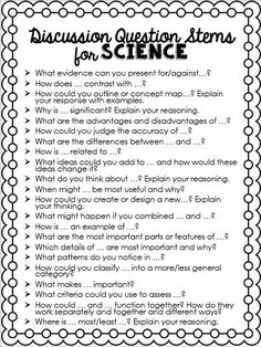 a black and white poster with the words discussion question stems for science on top of it