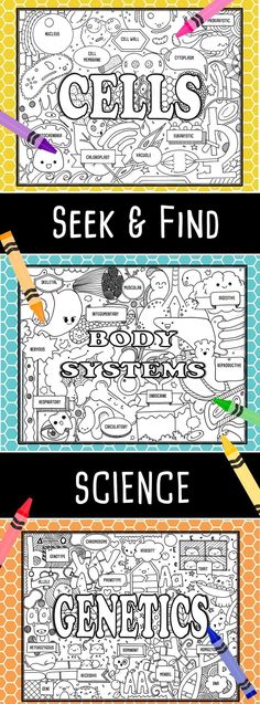 two coloring pages with words that read seek and find cells science reproductional activities for kids