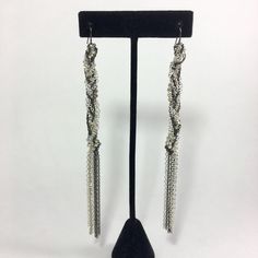 Nwot Braided Chain Duster Earrings | Silver Tone And Gunmetal Chain With Rhinestone Chain Braided In | Length Is 5” Elegant Silver Chandelier Earrings With Oxidized Finish, Silver Oxidized Metal Chandelier Earrings, Silver Metal Linear Earrings For Evening, Formal Chain Metal Earrings, Evening Metal Chain Earrings, Silver Box Chain Jewelry For Party, Silver Beaded Dangle Chandelier Earrings, Formal Sterling Silver Chain Earrings, Oxidized Silver Long Drop Jewelry