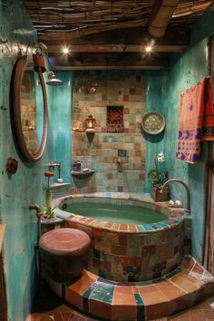 a bath room with a large round tub