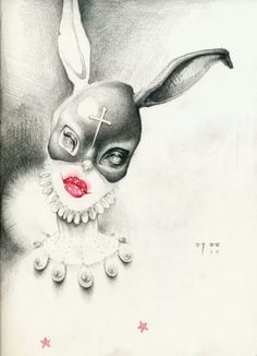 a drawing of a bunny with a cross on it's head and red lips