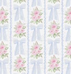 a wallpaper with pink roses and blue ribbons on it's borders, in pastel colors