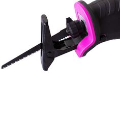 a pink and black cordless saw is on top of a white background, with the blades still attached to it