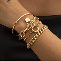 Questions? Leave A Comment Below! Stacked Bracelets With Watch, Gold Layered Bracelets, Hand Chain Jewelry, Stacked Bracelets, Lock Pendant, Bangles Set, Layered Chain, Bracelets Set, Punk Jewelry