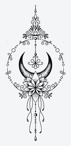 a black and white drawing of a crescent with an intricate design on the bottom corner