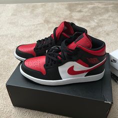 Brand New In Box Jordan Air Jordan 1 Mid Black/Fire Red-White Size 9.5 Black Fire Red Jordan 1, Jordan 1 Mid Fire Red, Red Nike Shoes, Jordan 1 Mid Black, Air Jordan 1 Mid Black, Pretty Sneakers, Jordan 1 Black, Pretty Shoes Sneakers, Jordan Shoes Retro