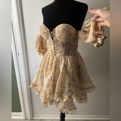 This Absolutely Adorable And Playful Dress Was Only Worn Once! She Still Has A Lot Of Life And Adventures In Her! Beautiful Floral Panel. Build In Corset And Breast Cups. Shoulders Can Be Worn Normally Or Down. Fairy Tale, Fairy Tales, Floral Pattern, Dress Outfits, Mini Dress, Womens Dresses, Cream, Floral, Pattern