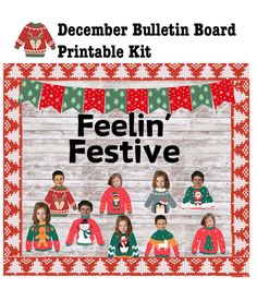 the december bulletin board is filled with sweaters and christmas jumpers for children to sew