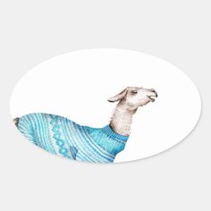 a llama wearing a blue sweater is shown in an oval sticker with the image of a llama's face on it