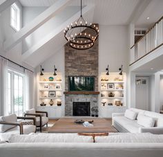 a living room filled with furniture and a fire place in the middle of a room