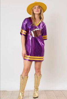 Football Sequins Embroidery Jersey Style Dress - Sequins football embroidery - Foil jersey - Short sleeves - V-neck 95% Polyester 5% Spandex Purple Football, Game Day Dress, Football Embroidery, Football Dress, Game Day Football, Gameday Dress, Amarillo Tx, Jersey Style, Dress Purple