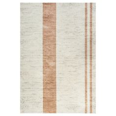 an orange and white rug with vertical stripes on the bottom, in different shades of beige