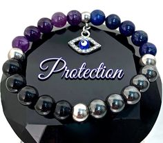 PROTECTION Evil Eye Reiki Crystal Genuine Gemstone Stretch Bracelet Gemstones Chart, Reiki Jewelry, Yoga Mala, Protection Jewelry, Mind Set, Crystals Healing Properties, Reiki Crystals, Music Stickers, Hematite Bracelet