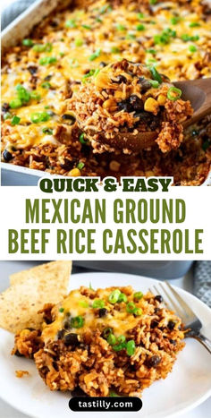 mexican ground beef casserole in a white dish with a wooden spoon on the side