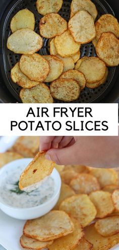 potato slices in the air fryer and on a platter with dipping sauce with a caption "air fryer potato slices". Air Fryer Potato, New Air Fryer Recipes, Veggies Recipes, Potato Slices, Air Fryer Cooking Times, Cooks Air Fryer