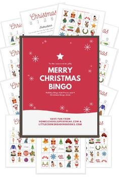 the merry christmas bingo game is on display in front of many other holiday themed cards