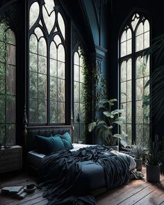 a bed sitting in front of two large windows next to a plant filled room with potted plants