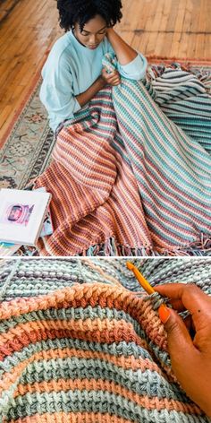 a woman sitting on top of a wooden floor next to a blanket