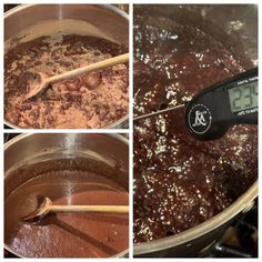 three pictures show the process of making chocolate fudges and stirring them in a saucepan