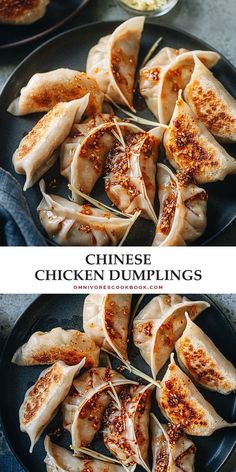 chinese chicken dumplings on a black plate with chopsticks and dipping sauce in the background