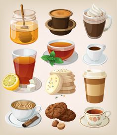 various types of drinks and desserts are shown in this illustration, including tea, coffee, cookies, lemonade, milkshake