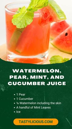 a menu for watermelon, pear mint and cucumber juice on a cutting board