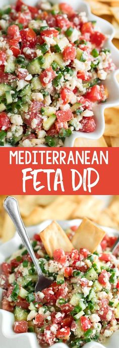 this mediterranean feta dip is loaded with fresh tomatoes, cucumbers and herbs