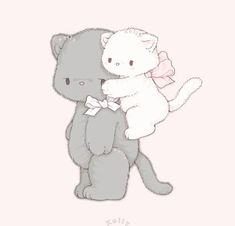 a drawing of two cats hugging each other on a pink background with the caption hello kitty