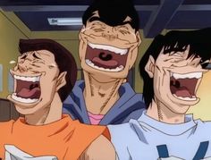 three young men with their mouths open in front of them, one is wearing an orange shirt and the other has black hair