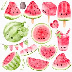 watermelon popsicles and other fruit on a white background