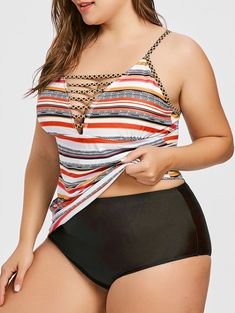 Plus Size Colourful Striped Cutout Tankini - Bright Orange - 3068796426 - Women's Clothing, Women's Swimwear  #WomensSwimwear #Women's #Clothing # #Women's #Swimwear High Waisted Tankini, Plus Size Tankini, Printed Tankini, Tankini Swimsuit, Swimsuits High Waisted, Trendy Plus Size Clothing, Plus Size Swimsuits, Tankini Swimsuits, Swimwear Outfit