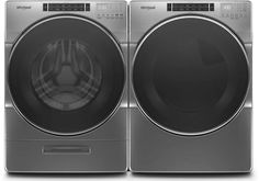 the front load washer and dryer are side by side, both in stainless steel