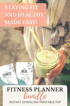 a woman holding a green smoothie in her hand with the text, staying fit and healthy made easy