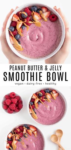 two bowls filled with smoothie and berries