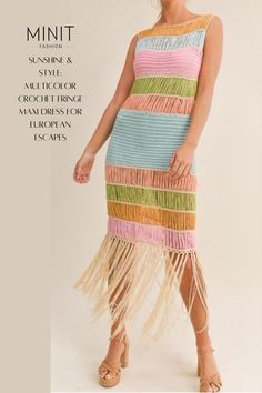 Bask in the European sunshine with our Multicolor Crochet Fringe Maxi Dress! Designed for stylish summer adventures, this dress combines vibrant colors with bohemian-inspired crochet details, perfect for exploring charming European towns and seaside villages. Pack your bags and embrace the beauty of summer in Europe with this chic ensemble. #EuropeanEscapes #SunshineAndStyle #CrochetMaxiDress #SummerAdventure Color Block Crochet, Block Crochet, Multicolor Crochet, Crochet Knit Dress, Crochet Maxi Dress, Crochet Maxi