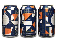 three cans of beer with an abstract design on the front and back, both in blue and orange