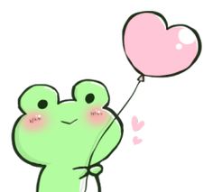 a green frog holding a pink heart shaped balloon