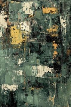 an abstract painting with green, yellow and black colors on it's surface is shown